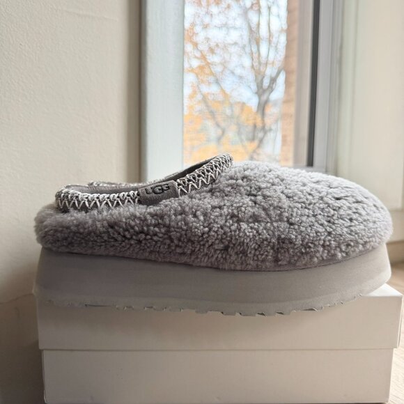 New UGG Tazz Maxi Curly Shearling Platform Slippers Smoke Plum Grey Womens 8 - Picture 10 of 16